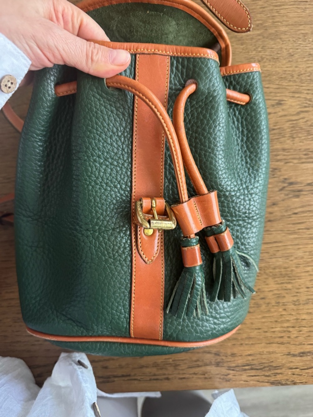 Dooney & Bourke Dark Green Pebbled Leather Backpack with Tan Trim - Picture 7 of 8